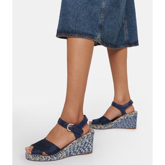 Chloe Piia Espadrille Logo Wedges in Denim - Picture 2 of 15